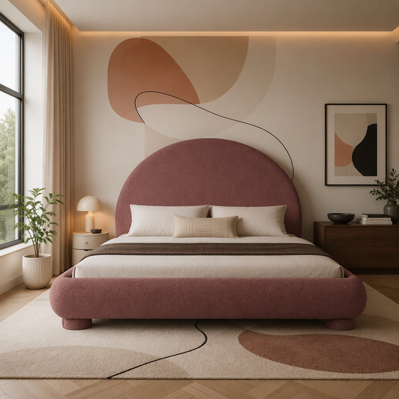 Lit plateforme en tissu bouclé Boucle, Grand lit, Rouge brun-roux