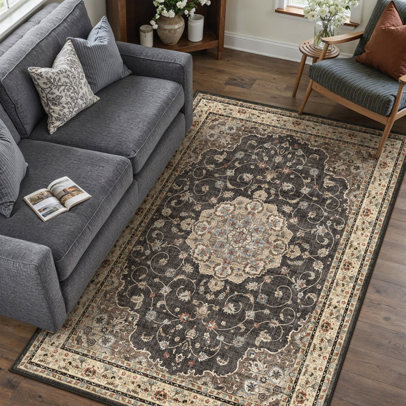 Tapis noir de style persan Haven, Rectangulaire 3 pi x 5 pi