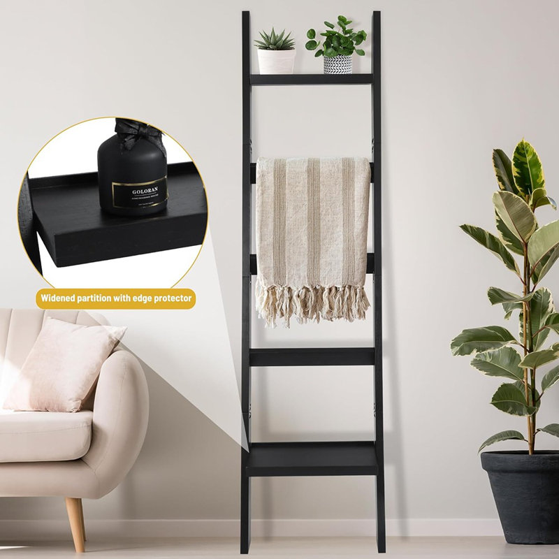 Échelles de couverture en bois pour le salon, étagère à 5 niveaux, support à échelle pour le rangement et la décoration (noir)