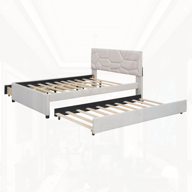 Lit plateforme tapissier avec lit gigogne simple et 2 tiroirs, Beige