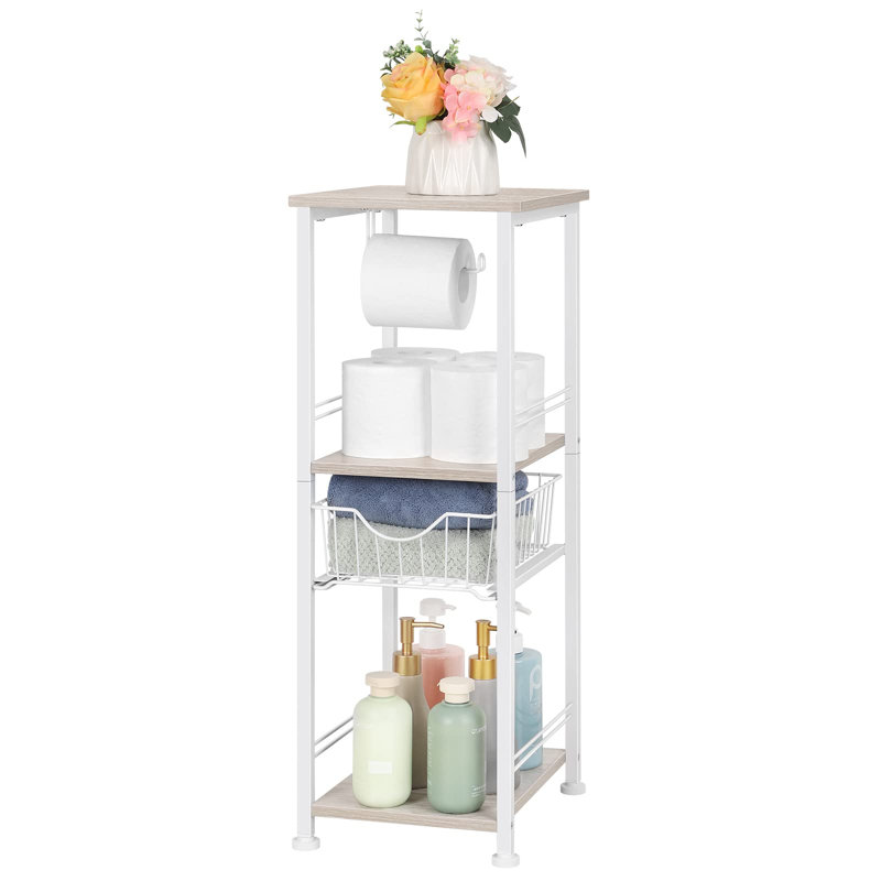 Étagère de salle de bain autoportante avec tiroir et support à papier hygiénique à 3 niveaux, blanc rustique