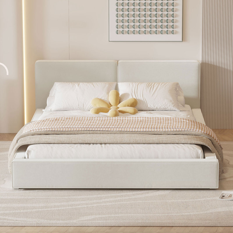 Grand lit plateforme tapissier avec tissu velours, Beige