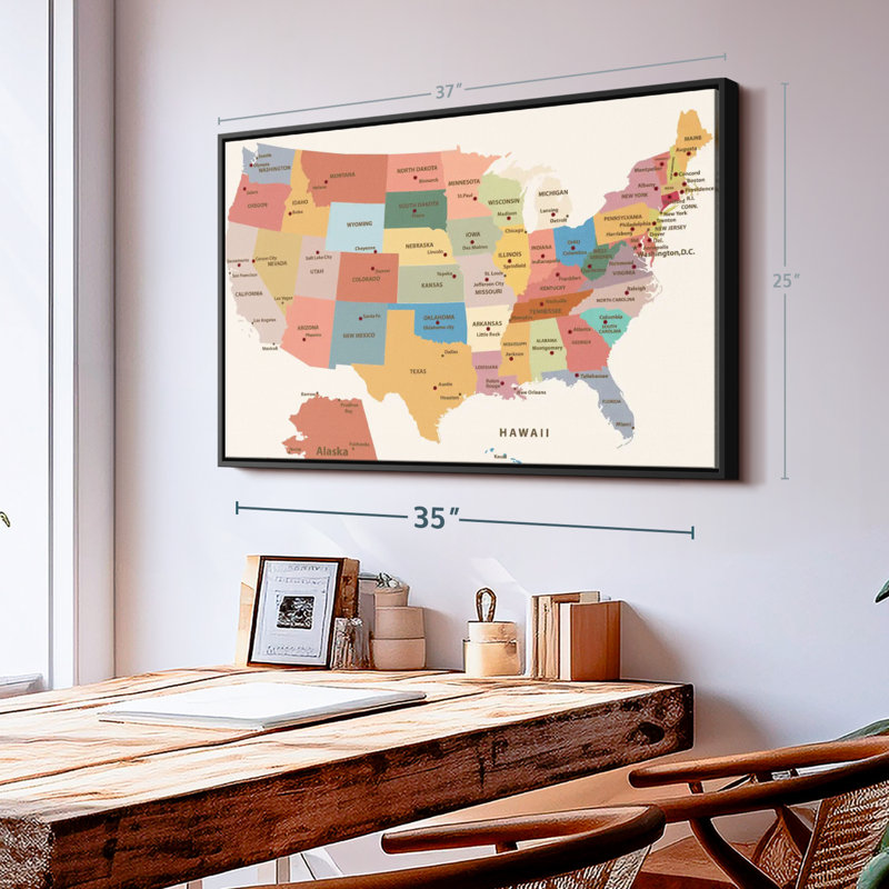 Carte politique des États-Unis, reproduction sur toile, H 25 po x l 37 po