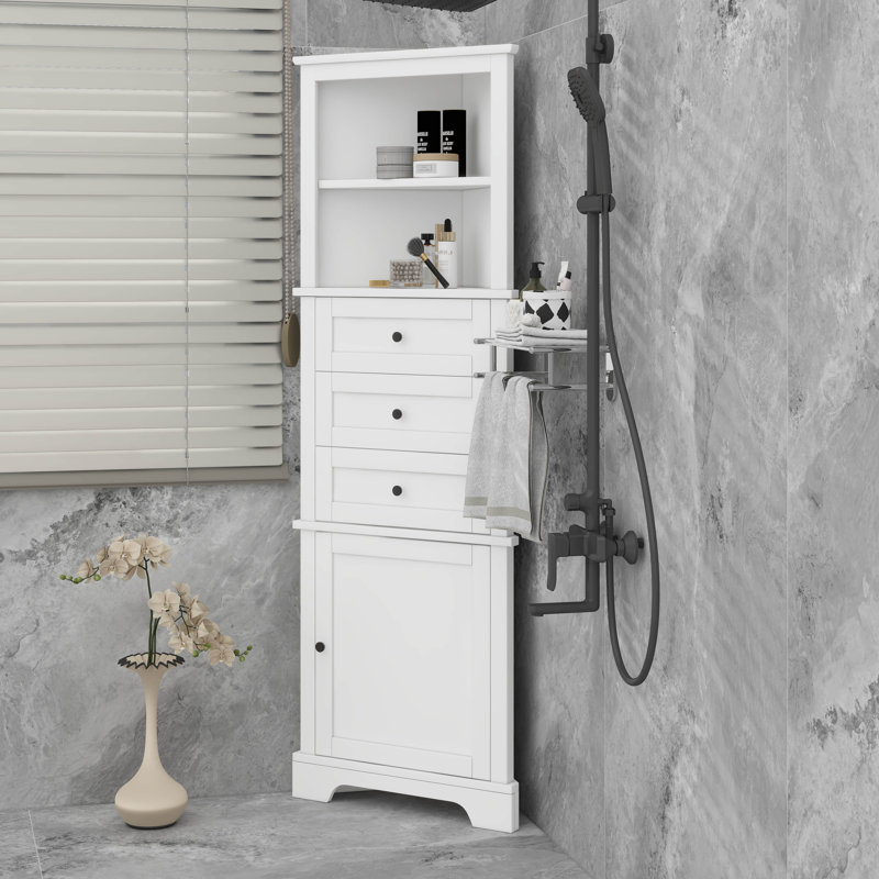 Triangular Tall Corner Cabinet With 3 Drawers And Adjustable Shelf Storage