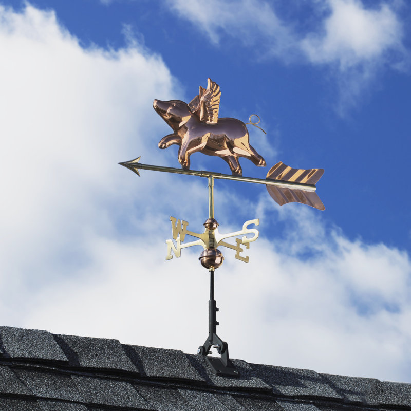 Girouette cochon volant, Cuivre poli, Toit