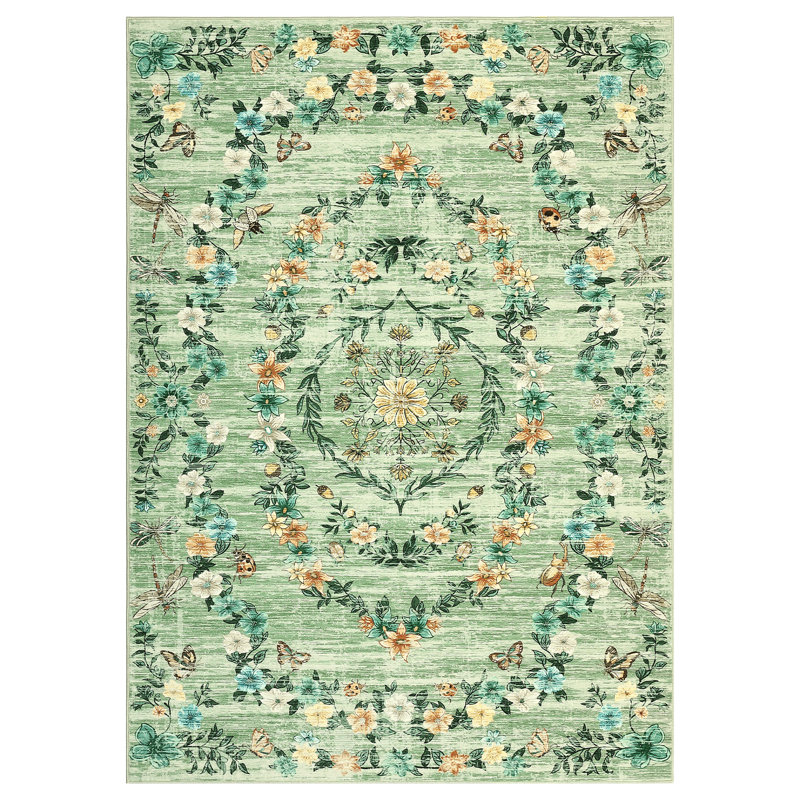 Retro Floral Washable Rugs for ‎‎Bedroom, Living Room and Hallway, Rectangle 10' x 13', Green