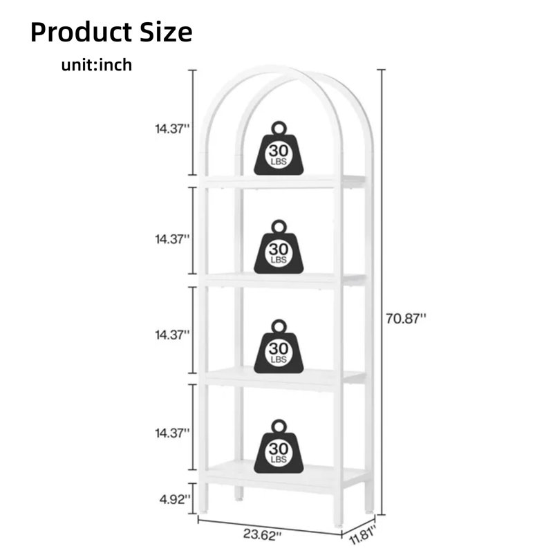 Four-Tier Arched Bookshelf, Perfect For Home Offices, Living Rooms, And Bedrooms, White, White