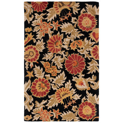 Emrick Blossom Hand Hooked Wool/Cotton/Latex Floral Rug in Black