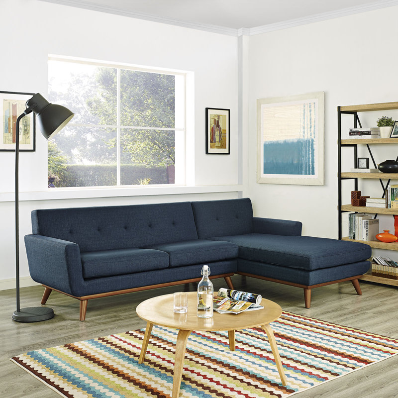 Engage Mid Century Modern Tufted Sectional, Azure Polyester Blend, Right-Hand Facing
