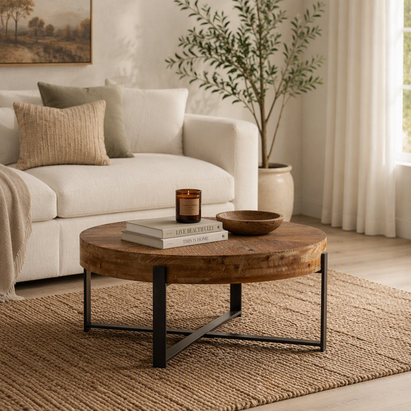 Table basse ronde rétro, L 31,29 po, Noir