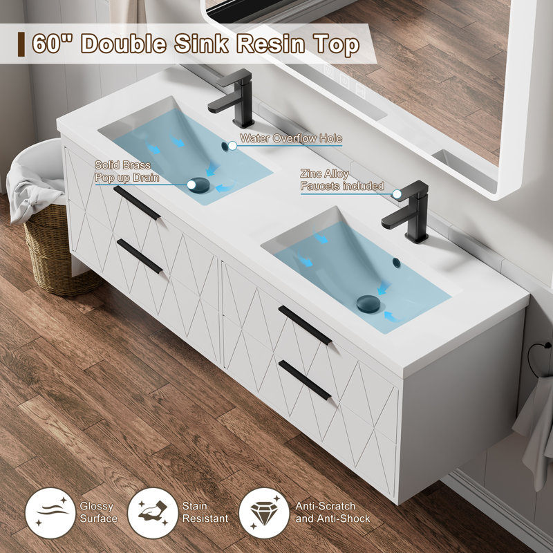 Ciarra Shavon 60" Modern Wall-mount Double Sink Bathroom Vanity With Resin Top, Water-resistant Painted Floating Cabinet, Soft-close Drawers