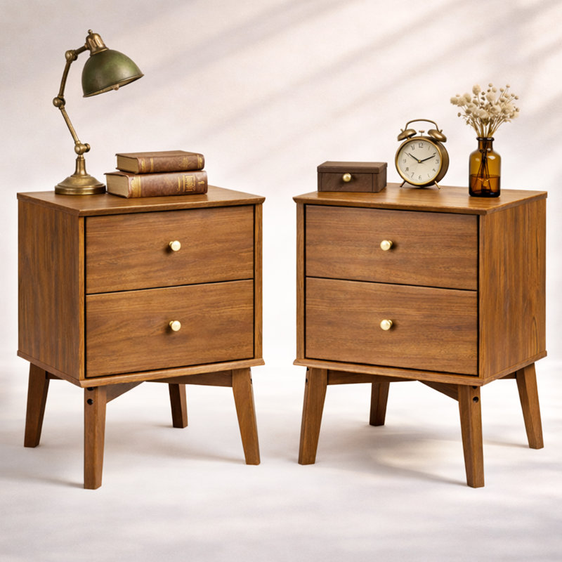 Mid-Century Modern 2-Drawer Nightstand With Tapered Legs, Walnut