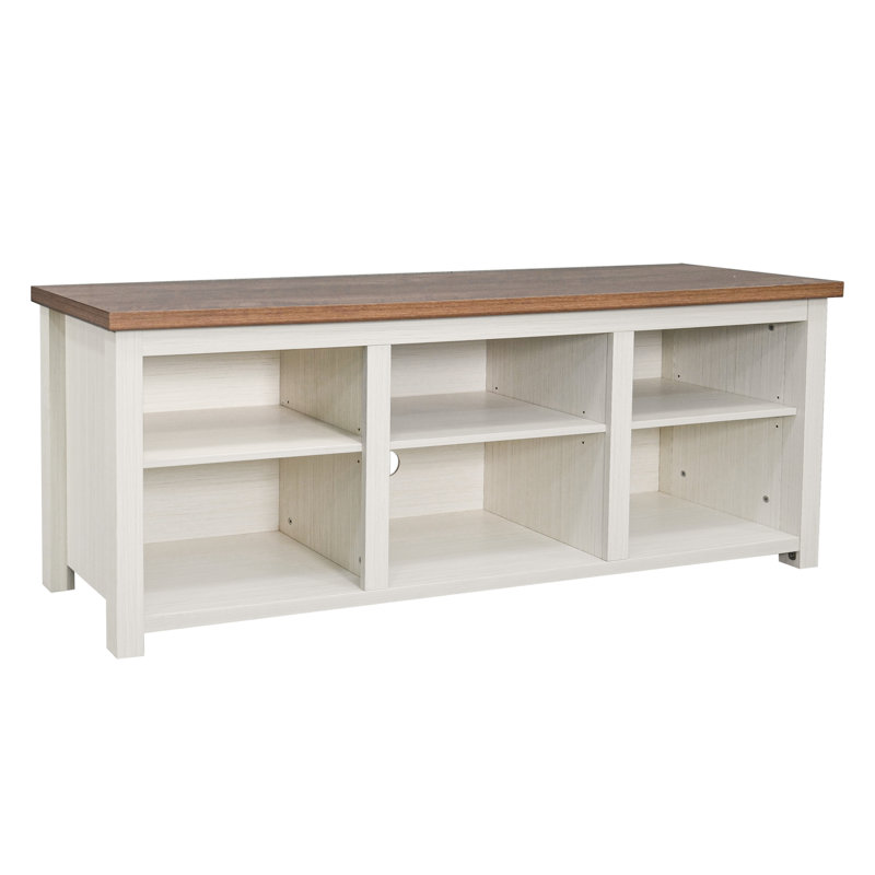 Meuble télé Hatteras pour téléviseur de 80 po ou moins avec 6 compartiments de rangement ouverts, Blanc / noyer