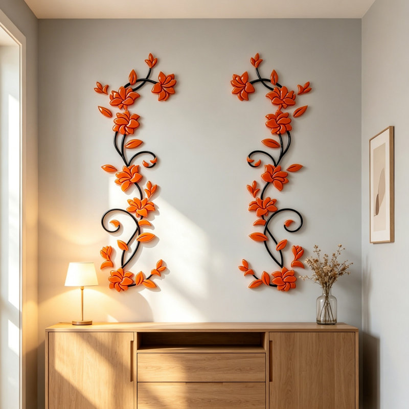Autocollant mural 2 pièces en acrylique 3D Crystal Rose Vine, art mural décoratif pour fond de canapé de chambre à coucher, branche noire avec rose orange