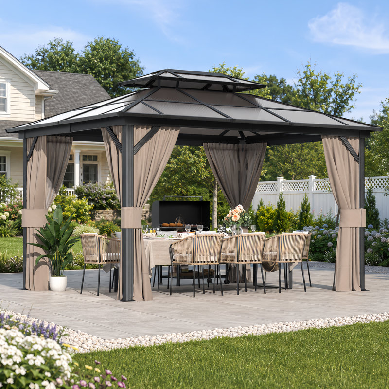 13 Ft. W x 10 Ft. D Hardtop Gazebo with Polycarbonate Double Roof, Aluminum Frame & Curtains for Garden, Lawns, Patio