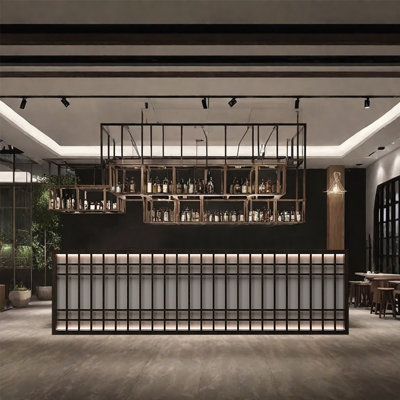 Bar Counter Front Desk with Single Countertop, Wine Storage, Lockable Drawers, and Cabinet Storage