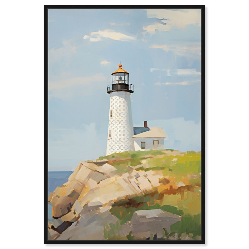 Art mural bord de mer avec phare au lever du soleil, H 16 po x l 11 po, Cadre noir