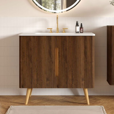 Meuble-lavabo simple en noyer rayé 30 po avec plateau en céramique Motohisa, meuble-lavabo moderne en bois avec rangement à 2 portes