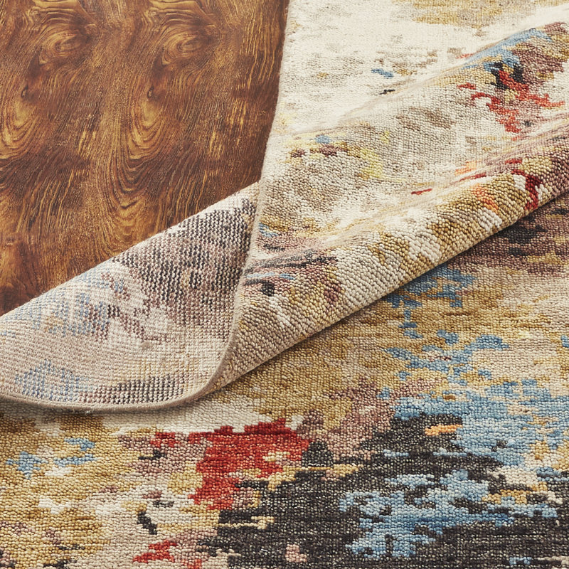 Duson Hand Knotted Wool Abstract Area Rug in Tan, Rectangle 10' x 14'
