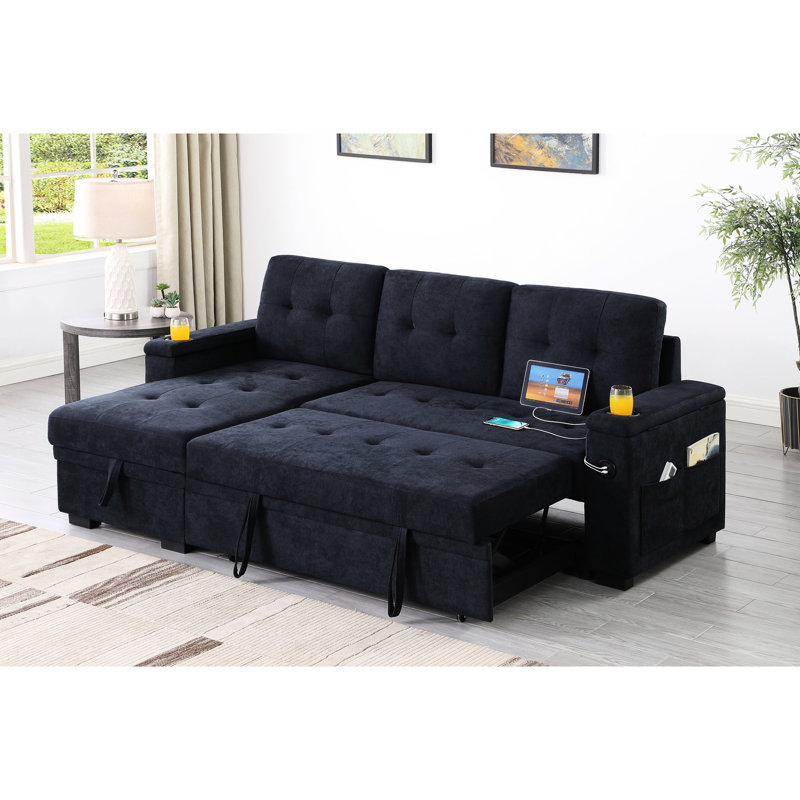 Canapé modulaire 3 places en tissu gris foncé avec canapé-lit, poches latérales et lit escamotable, rangement