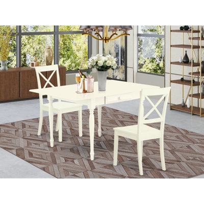3 Piece Dining Room Table Set Contains a Rectangle Kitchen Table with Dropleaf and 2 Faux Leather Upholstered Dining Chairs, 36x54 Inch, Linen White