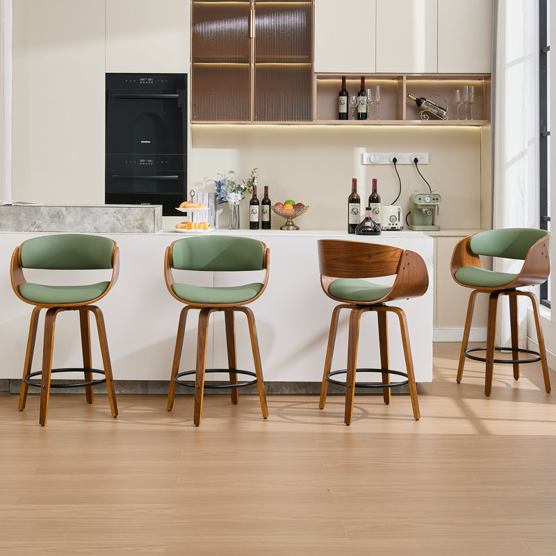 Tabourets pivotants modernes en similicuir de 26 po, tabourets de comptoir en bois avec accoudoirs et repose-pieds, Vert