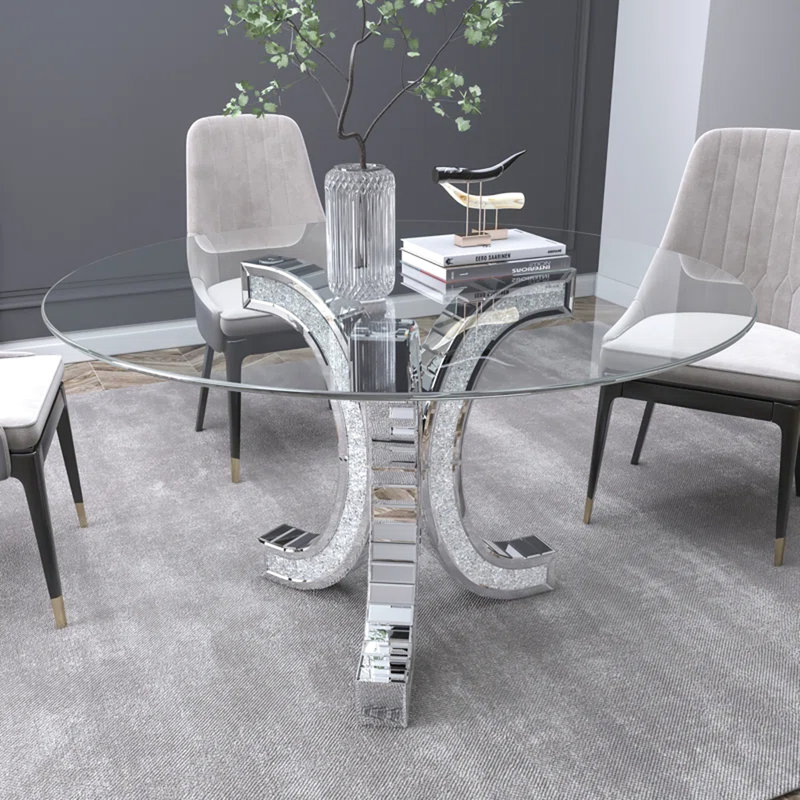 Table de salle à manger de 52 po avec plateau en verre trempé. Style glamour luxueux. Assemblage facile. Convient à 4 à 6 personnes. Argent. + Table ronde. Conception. Prises