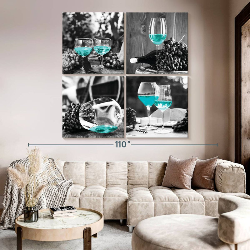 " Teal Wine Glasses Pop Set Multi Piece Canvas Print " 4 - Pieces, 74" H x 74" W x 1.25" D