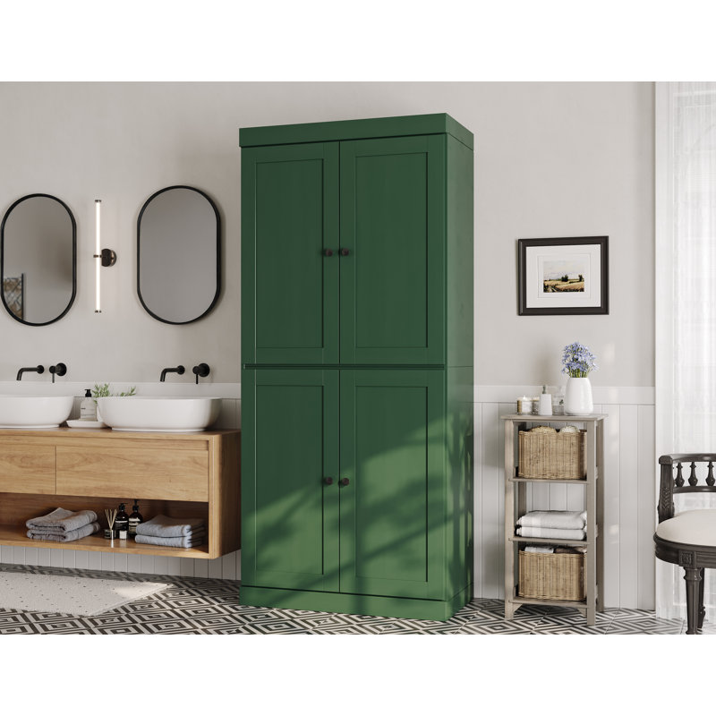 100% Solid Wood 32" Bathroom Storage Cabinet with Shaker Doors & Adjustable Shelves, Green