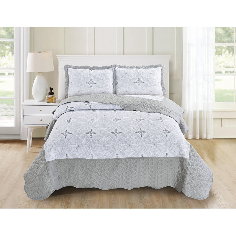 Ensemble de courtepointe réversible en microfibre Margene, Courtepointe simple + 1 taie décorative standard, Blanc/gris