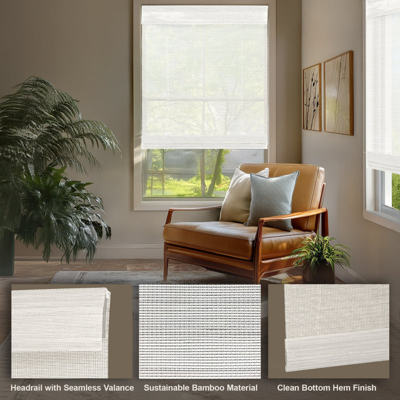 Light-Filtering Cordless Mesh White Bamboo Window Shade 64 in. W x 60 in. L, 64"W x 60"L
