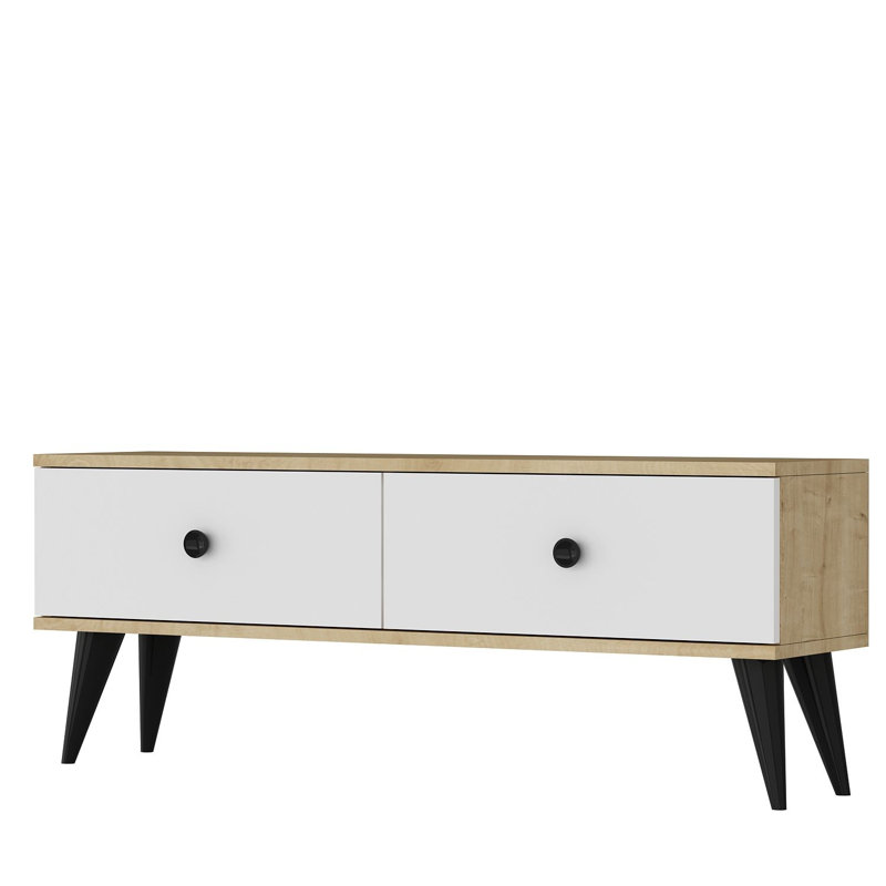 Console de rangement 47,2 "avec portes rabattables - Meuble télé moderne Mid-Century, Blanc / chêne saphir