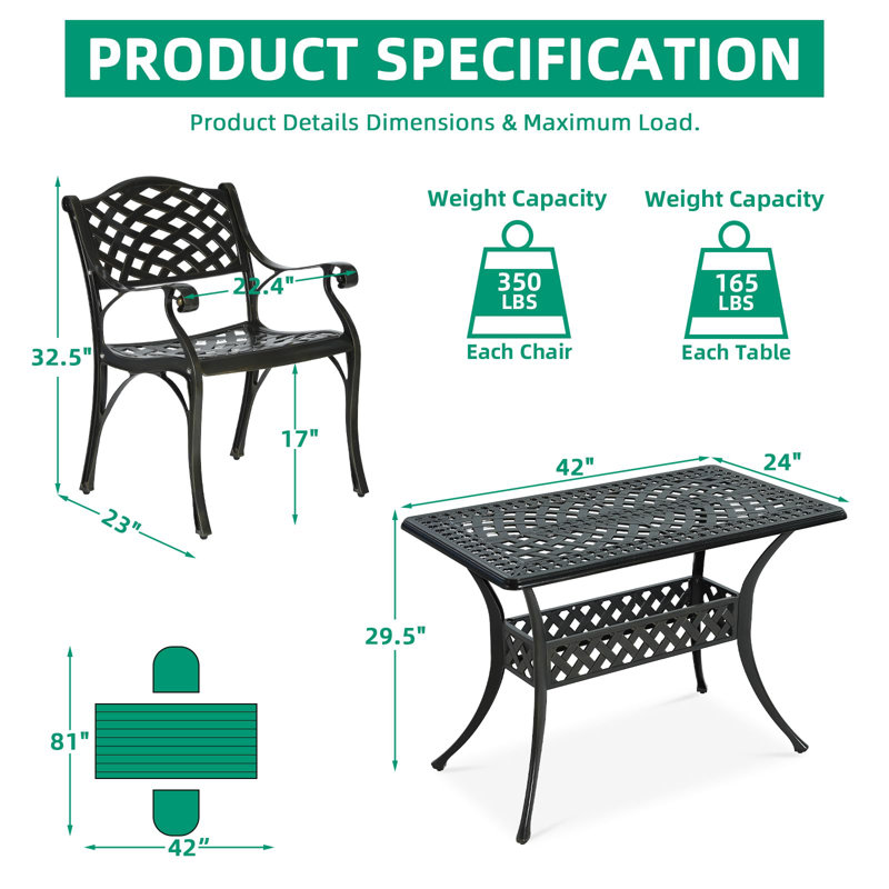 Vivijason 3 Piece Patio Bistro Set, Cast Aluminum Outdoor Dining Set With 41.98" X 23.98" Rectangular Table And 2 Chairs, Rust Proof & Weather Resistant Furniture For Small Balcony, Porch, Garden, Deck