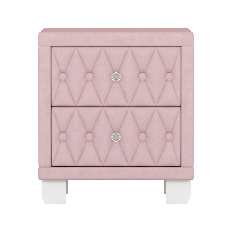 Elegant Pink Button - Nightstand With 2 Crystal Adorned Drawers, Bedroom Storage Option Velvet Bedside Table Handles, And Timeless Look