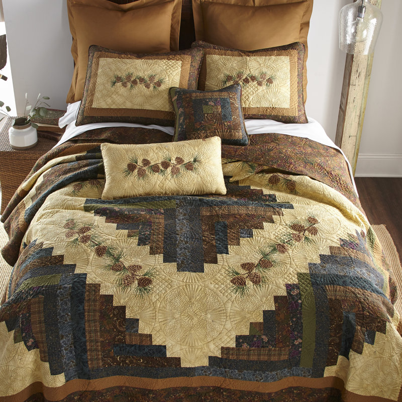 Rustic Beige and Brown Embroidered Pine Cone Rectangular Pillow