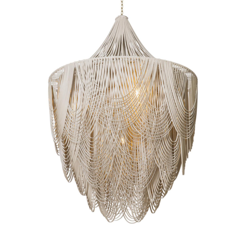 Large Leather Fringe Chandelier w/ Crown, Cream, 53" H x 36" W x 36" D