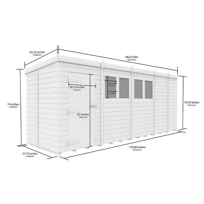 17ft x 5ft Pent Shed - Single Door with Windows