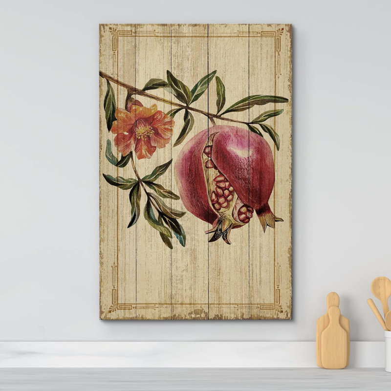 Panneau de bois antique fleur de grenade sur toile, H 48 po x l 32 po x P 1,5 po