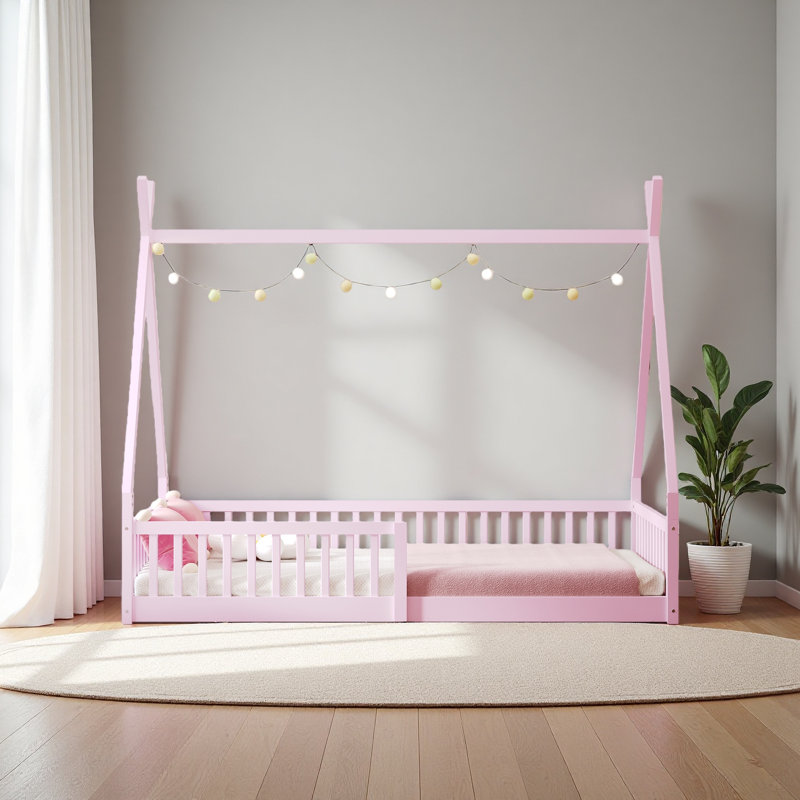 Twin Size Wood House Bed With Fence, Pink