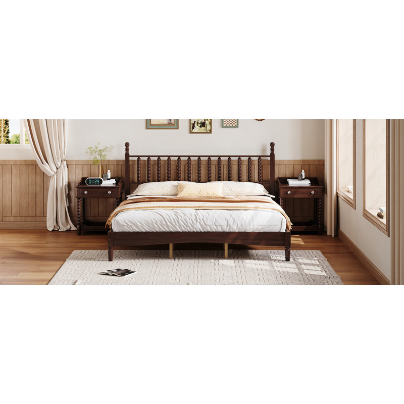 Retro Style Wood Platform Bed, King