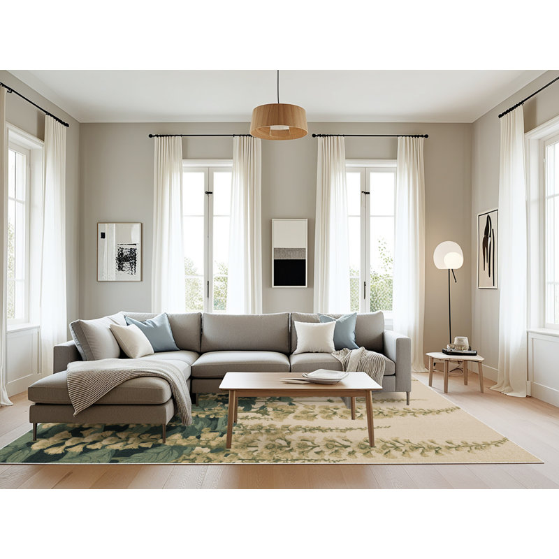 Tapis botanique beige lavable à la machine, Rectangle 6 pi x 9 pi