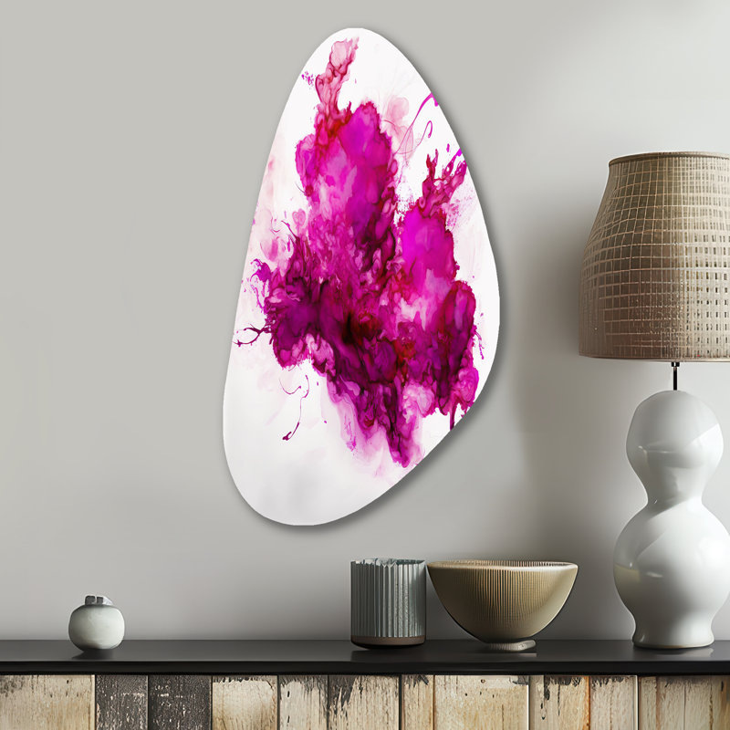 «Viva Magenta Secret Wispers III», art mural asymétrique abstrait à l'encre liquide, H 31 po x l 17 po