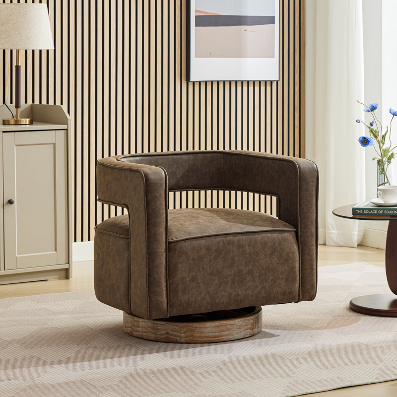 29.1" W Polyester Hollow Back Swivel Barrel Chair With Wooden Base, Coffee Polyester