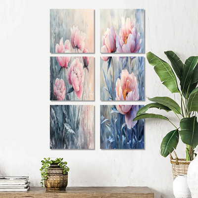 Frosty Field Peonies Elegance - Floral Wall Decor Set Of 6
