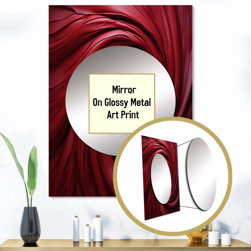 Red Winding Wonder - miroir spirales abstraites, miroir mural rouge unique, impression sur métal, 40 po x 30 po