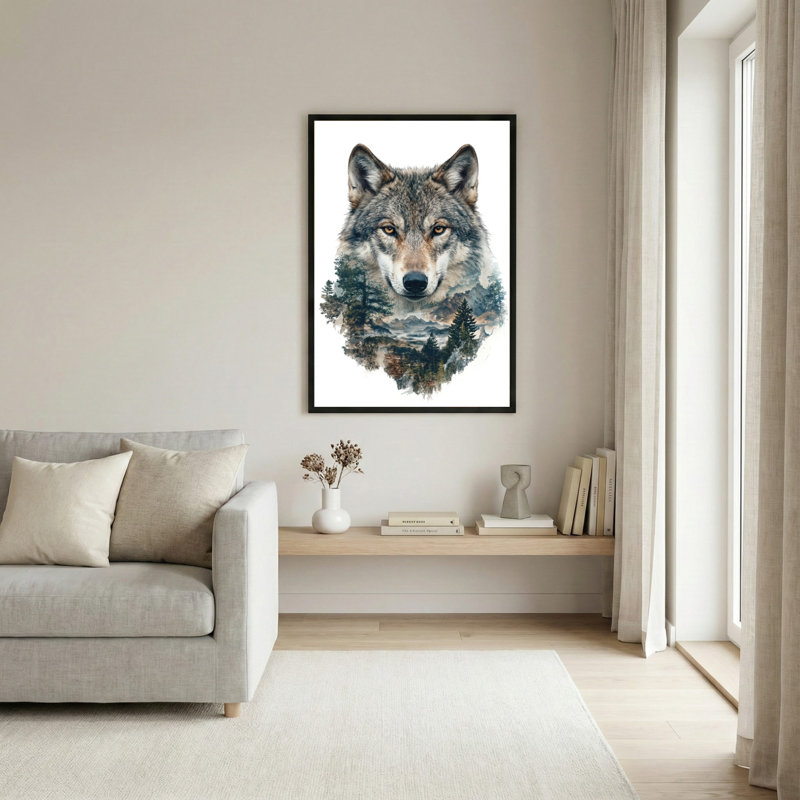 Ensemble de 1 tableau sur toile représentant un paysage de forêt de loups, H 30 po x l 20 po