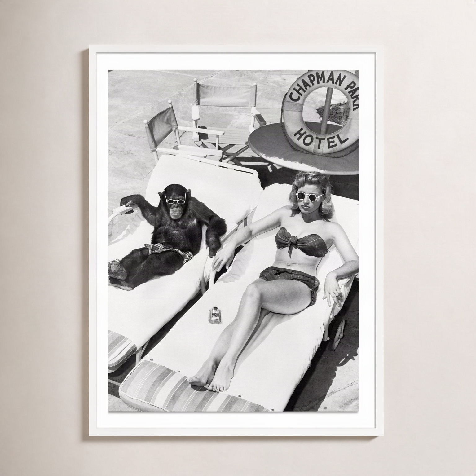 Amadeo "Woman Sunbathing with Chimpanzee" Print, 32" H x 24" W, White Maple Framed