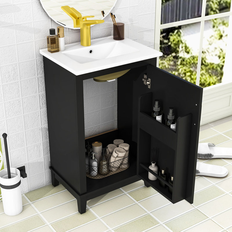 Meuble-lavabo simple autoportant en bois Marsallo avec lavabo en céramique et porte à fermeture en douceur