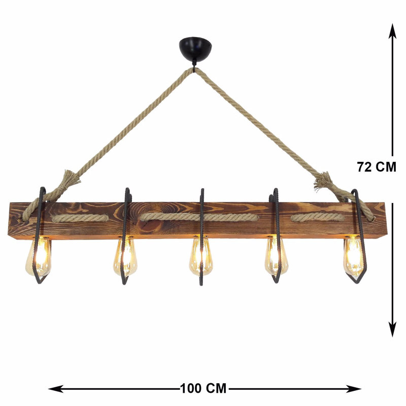 Lustre rustique fait à la main, pin massif, 39,4 x 6,3 x 28,3 pouces | Fabrication 100% bois massif, 5 x douilles E27 (40 W maximum) | Finition élégante en noyer, design moderne et novateur pour les espaces de salle à manger et de vie