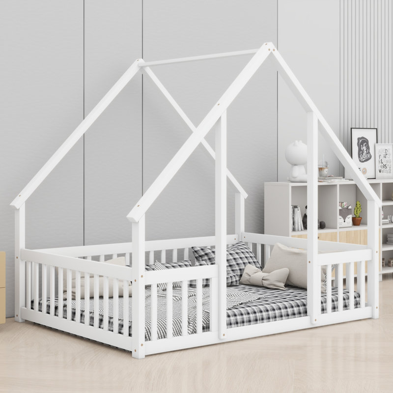 Lit en bois avec rails de sécurité, Lit double, Blanc